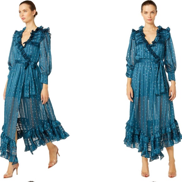 Misa Los Angeles Gabriella Asymmetric Striped Wrap Midi-Dress sheer long sleeve - Picture 13 of 14